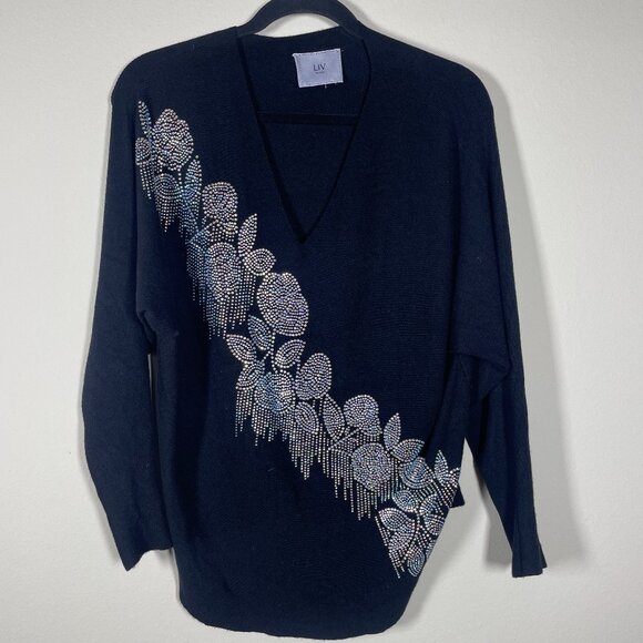 Liv Milano Women's Black Silver Studded Sweater Top Super Soft Large Evening! - Picture 1 of 5